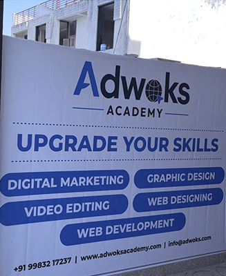  Adwoks Academy vocational training institute banner with contact details and professional course list in Jaipur